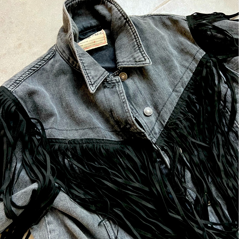 Free People Black Denim Fringe Western Boho Festival Jacket Size Small